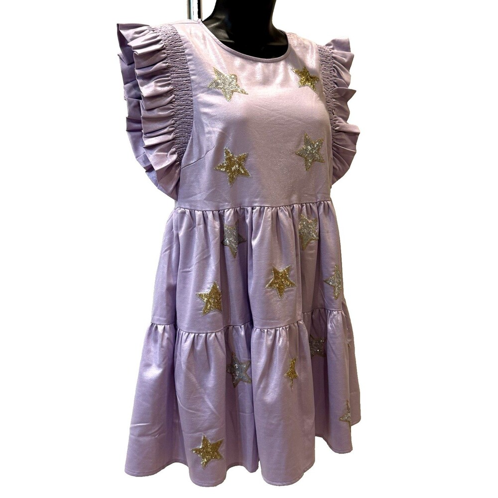 Peach Love Womens Tiered Lilac Babydoll Dress Size S Smocked Sequin Stars Ruffle